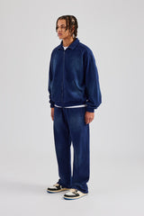 Washed Raglan Seam Detail Zip Through Hoodie & Straight Leg Jogger - Navy Blue