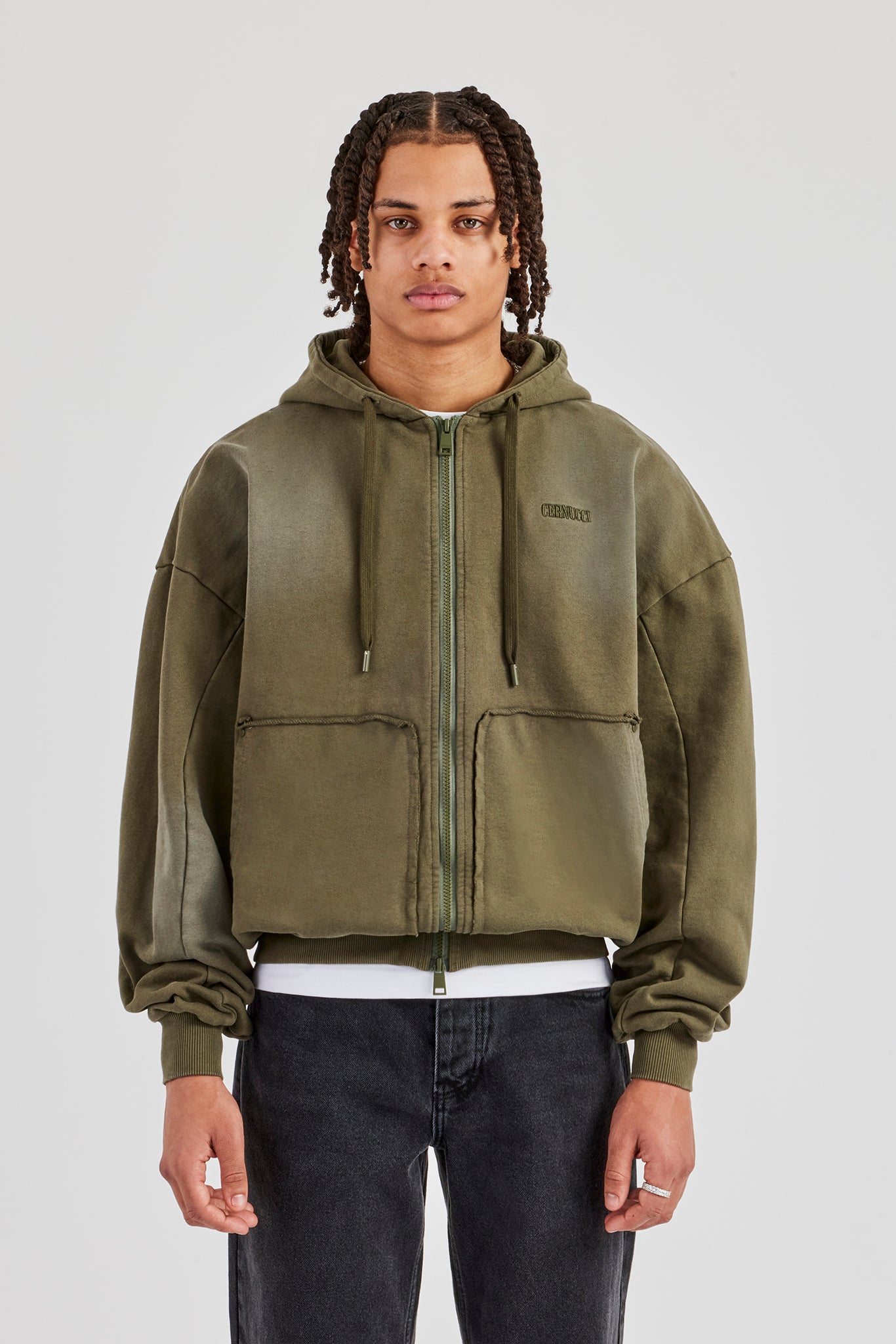 Distressed Zip Through Hoodie - Washed Green
