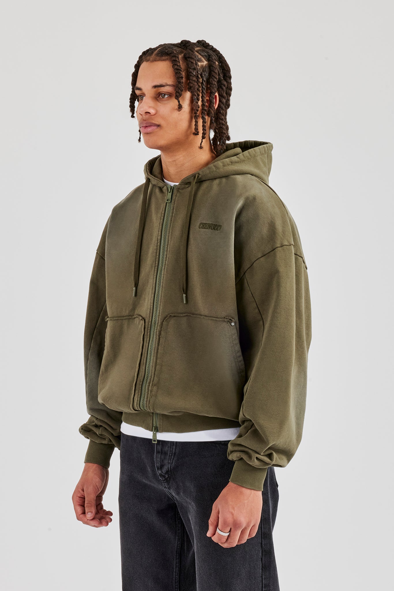 Distressed Zip Through Hoodie - Washed Green