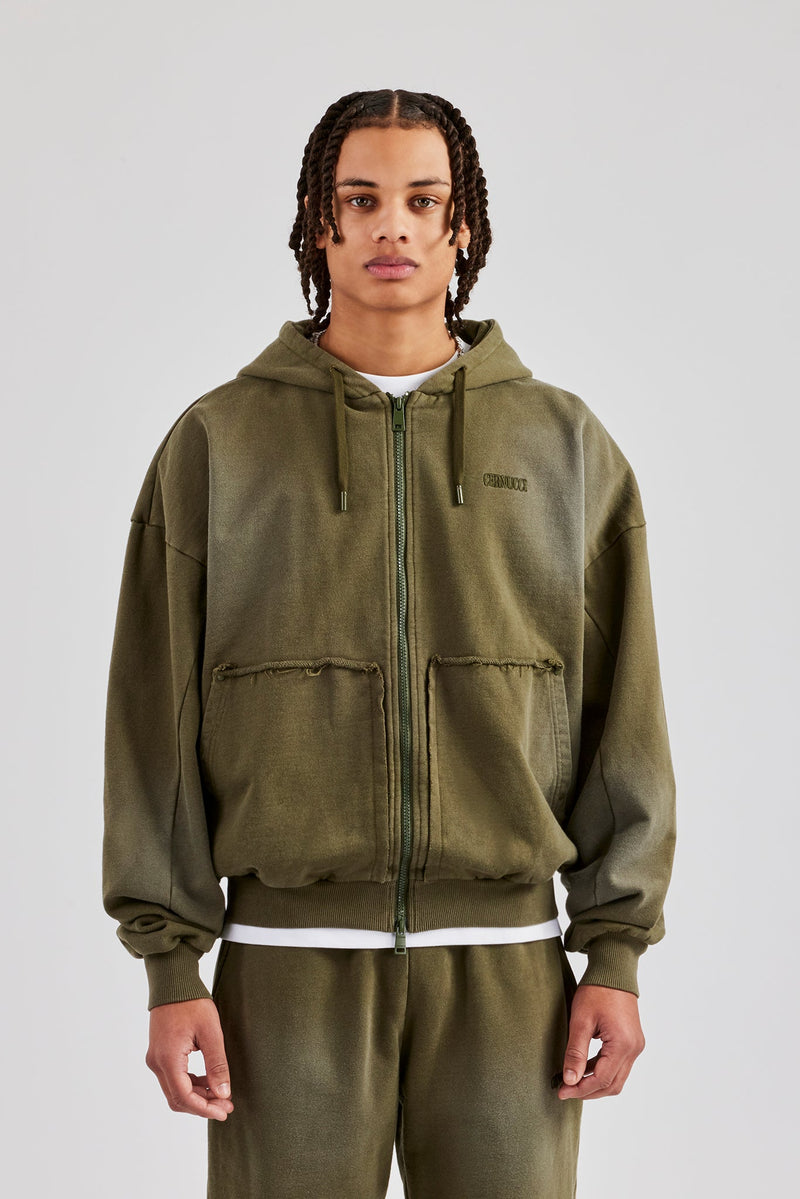 Distressed Zip Through Hoodie - Washed Green