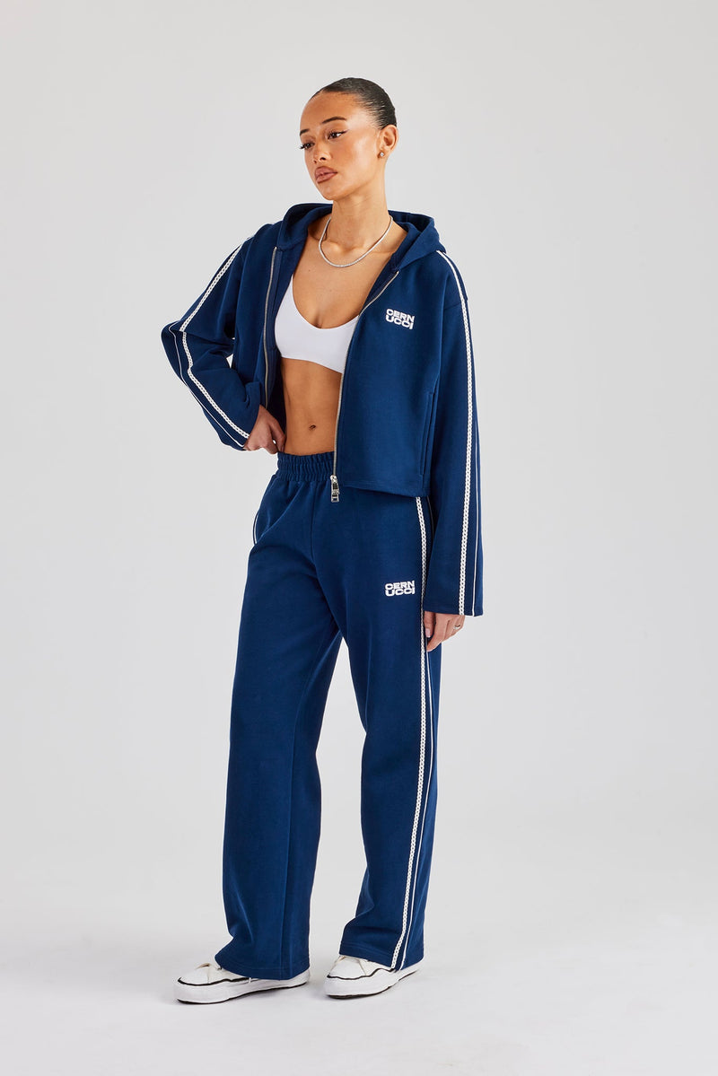 Boxy Lace Edge Zip Through Tracksuit - Navy Blue