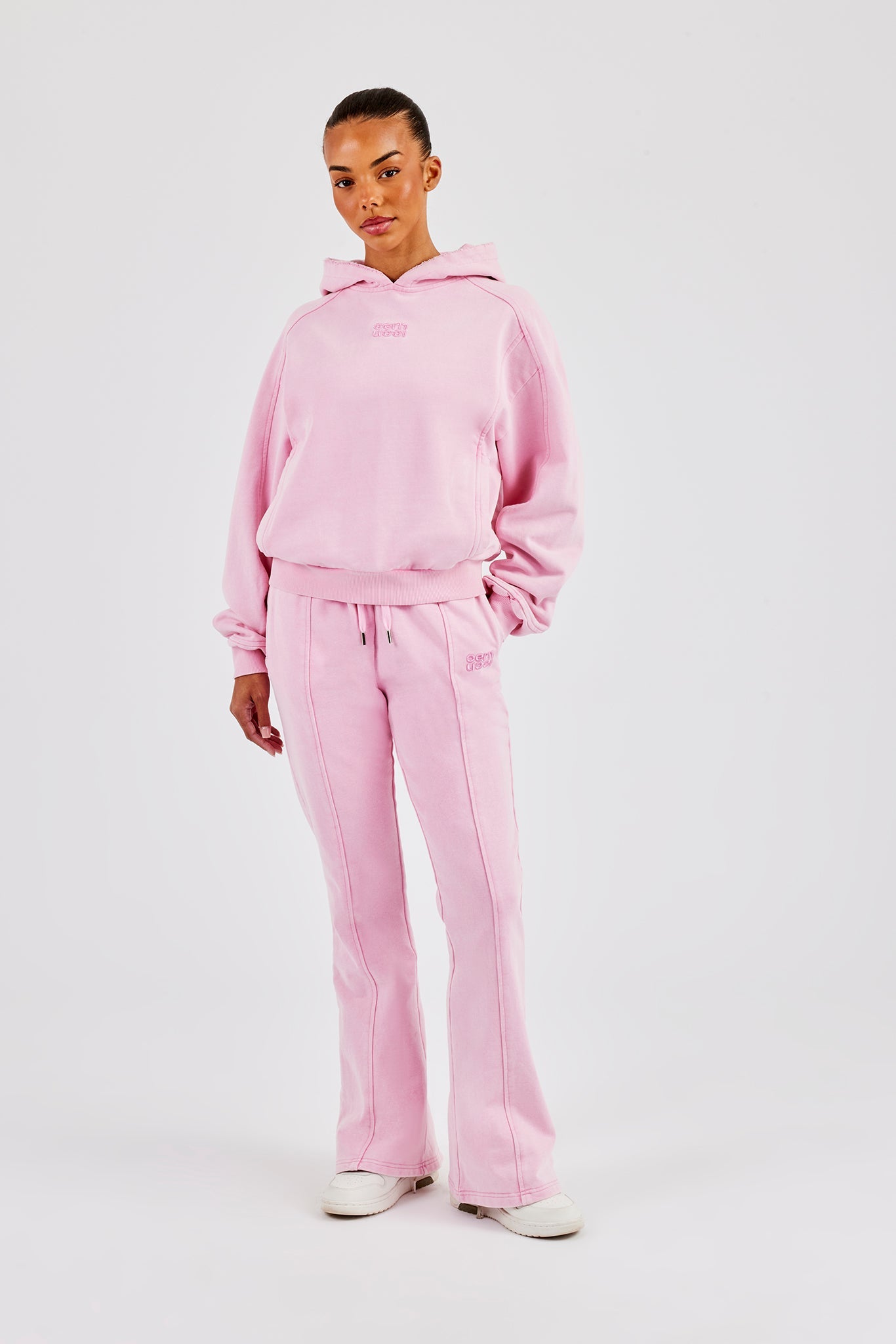 Raglan Washed Cropped Hoodie & Flare Trouser - Washed Pink
