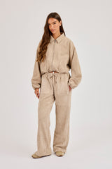 Suede Collared Bomber Jacket & Wide Leg Trouser - Beige