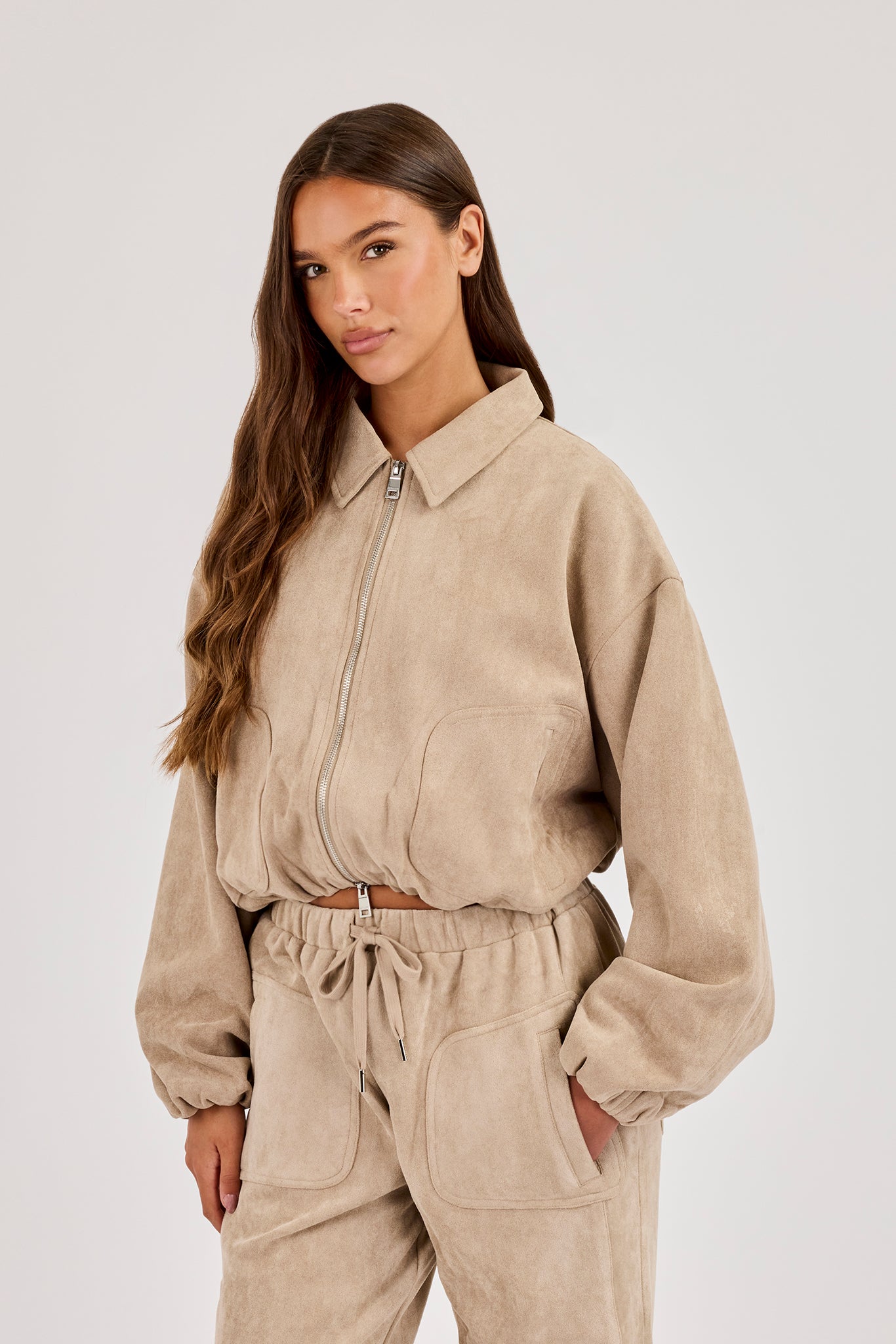 Suede Collared Bomber Jacket - Beige