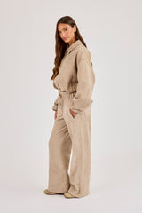 Suede Collared Bomber Jacket & Wide Leg Trouser - Beige