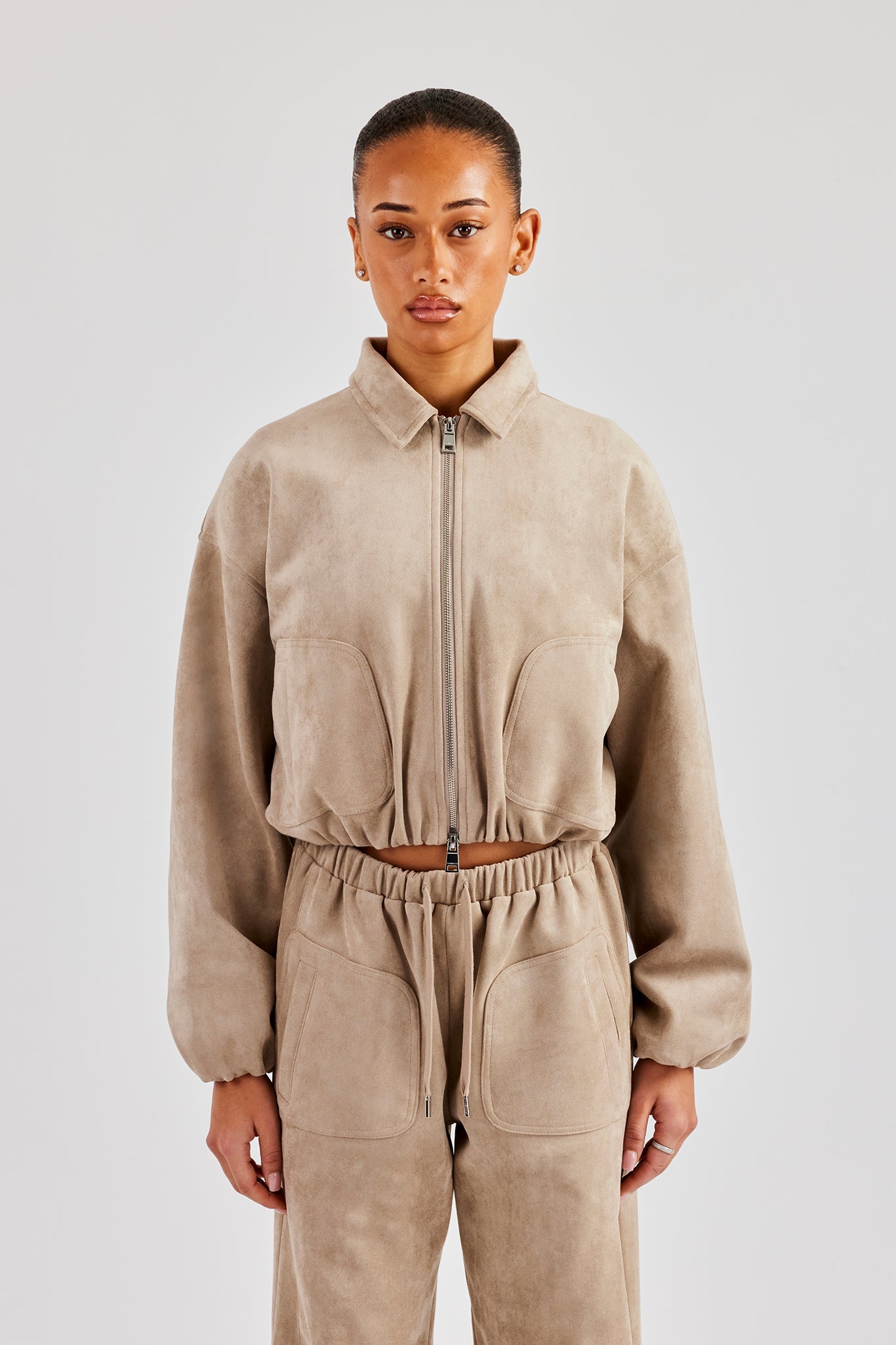 Suede Collared Bomber Jacket & Wide Leg Trouser - Beige | Womens