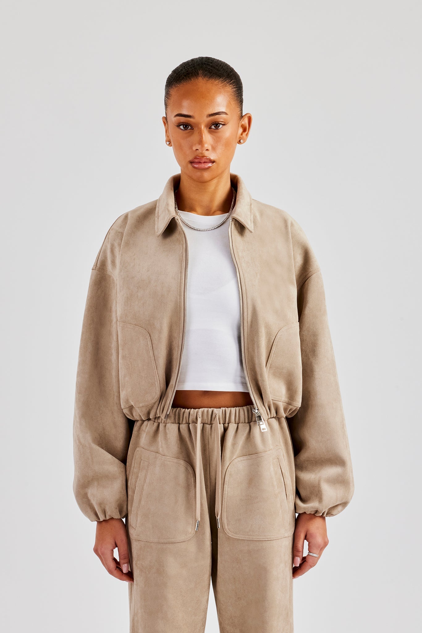 and wander ベージュジャケット Suede Collared Bomber Jacket & Wide Leg Trouser - Beige | Womens