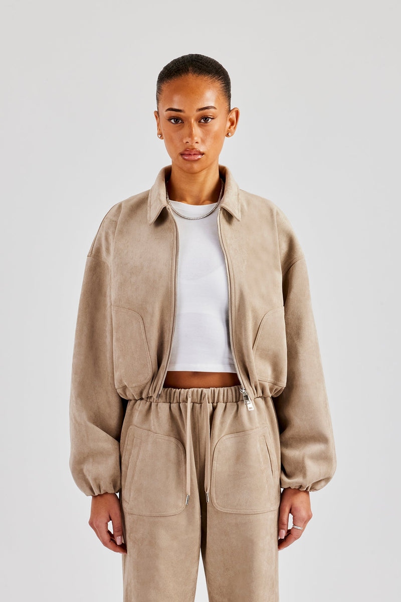 Suede Collared Bomber Jacket & Wide Leg Trouser - Beige