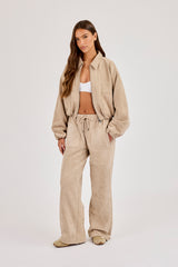 Suede Collared Bomber Jacket & Wide Leg Trouser - Beige