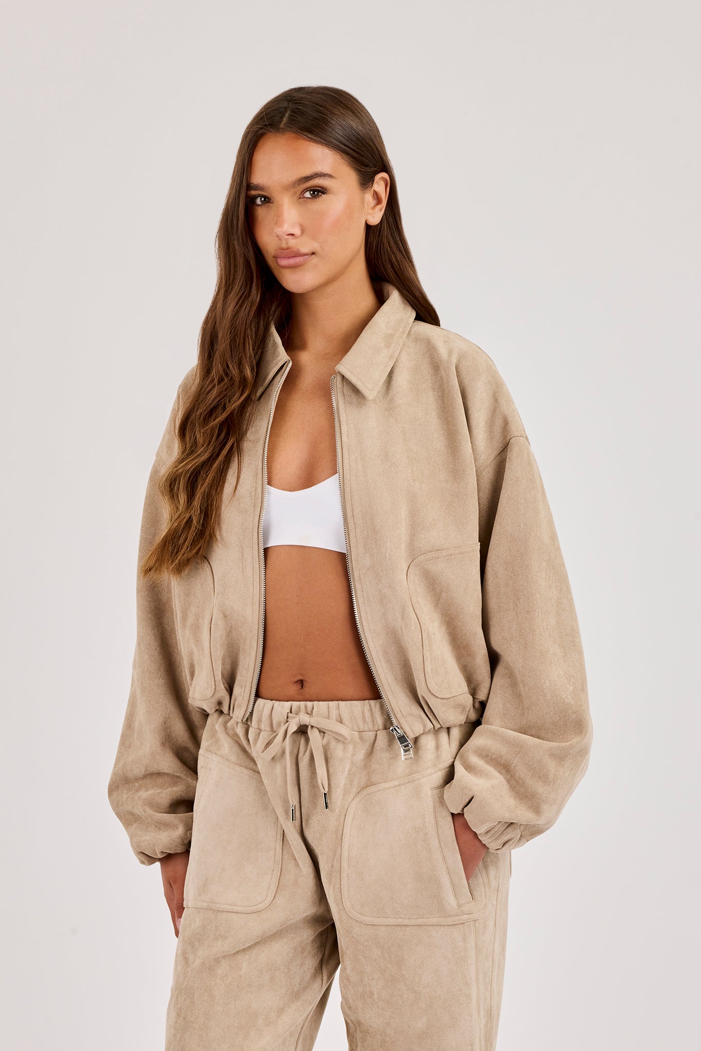Suede Collared Bomber Jacket - Beige