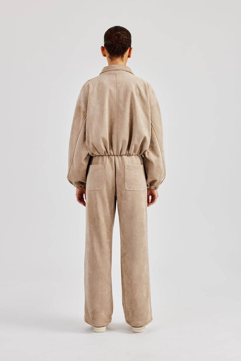 Suede Collared Bomber Jacket & Wide Leg Trouser - Beige