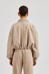 Suede Collared Bomber Jacket - Beige