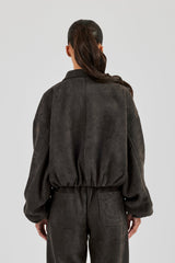 Suede Collared Bomber Jacket - Charcoal