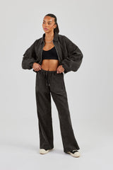 Suede Collared Bomber Jacket & Wide Leg Trouser - Charcoal