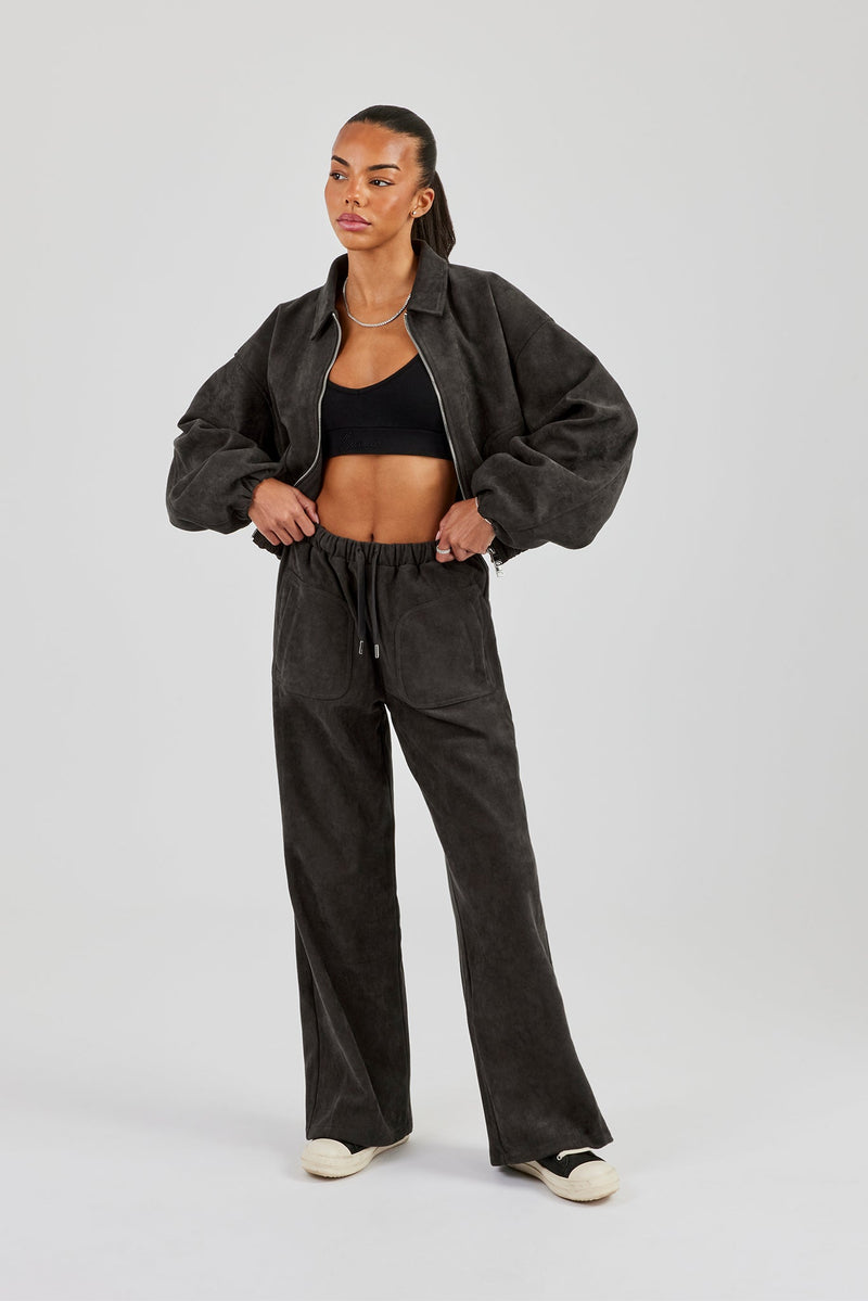 Suede Collared Bomber Jacket & Wide Leg Trouser - Charcoal