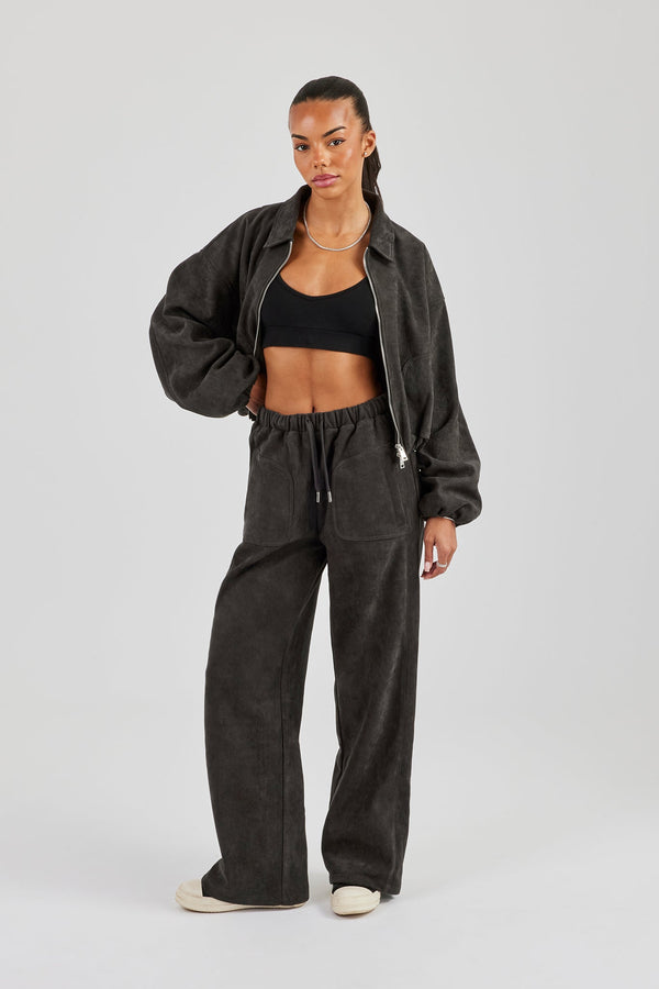 Suede Collared Bomber Jacket & Wide Leg Trouser - Charcoal