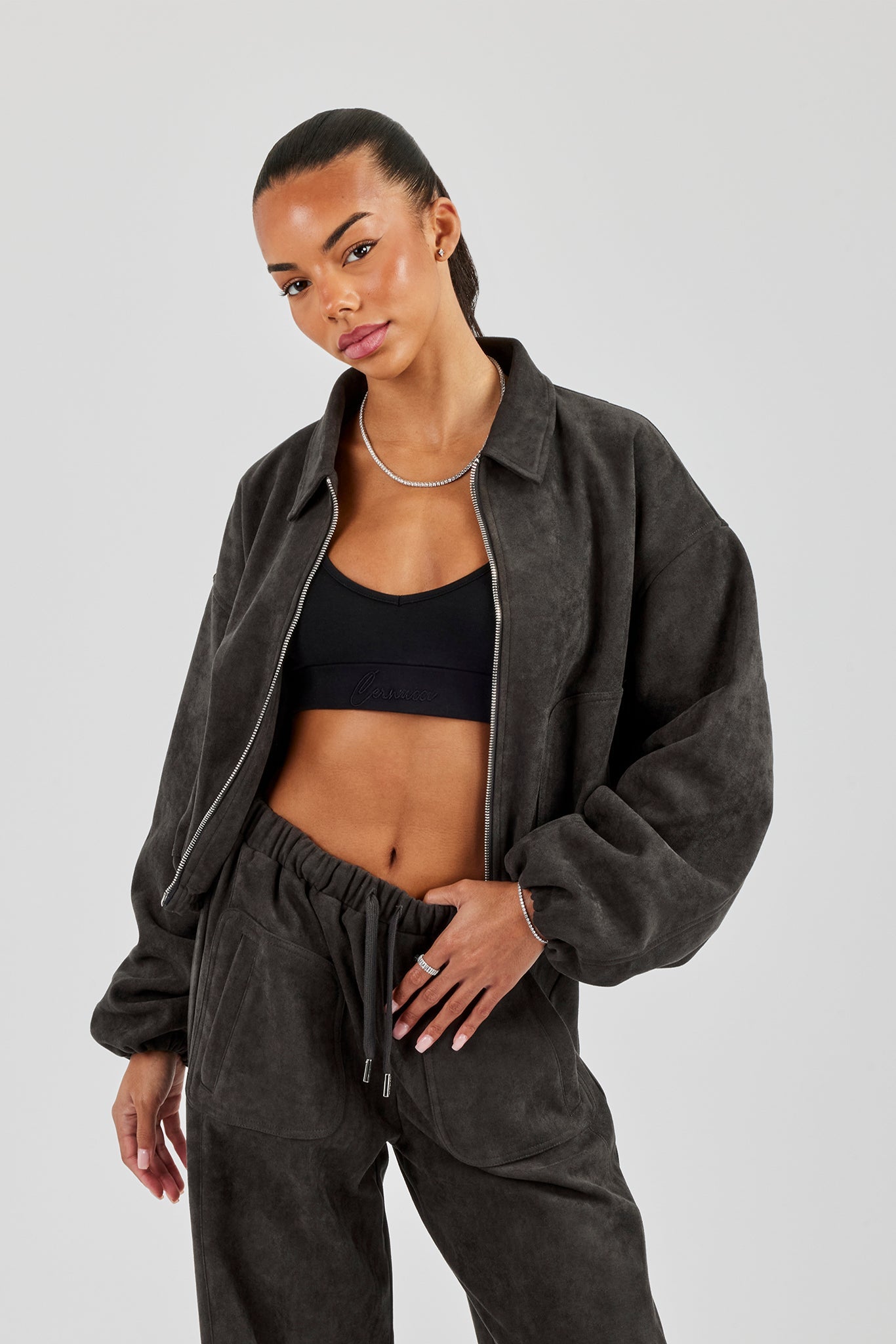 Suede Collared Bomber Jacket - Charcoal