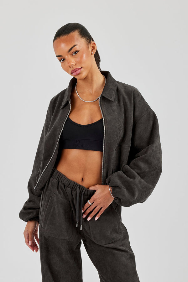 Suede Collared Bomber Jacket - Charcoal