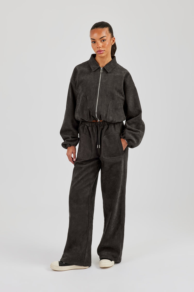 Suede Collared Bomber Jacket & Wide Leg Trouser - Charcoal