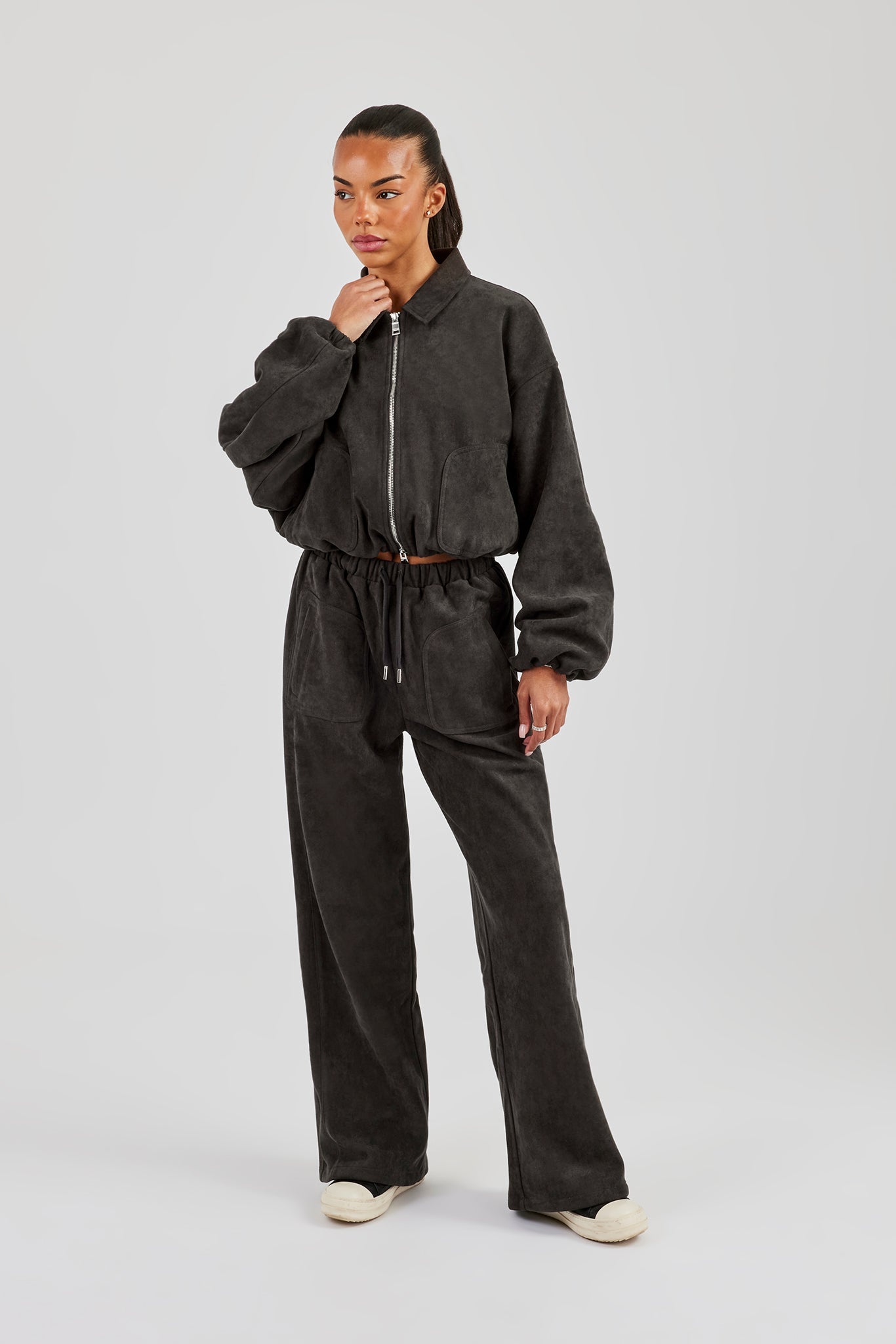 Suede Collared Bomber Jacket & Wide Leg Trouser - Charcoal