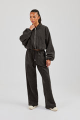 Suede Collared Bomber Jacket & Wide Leg Trouser - Charcoal