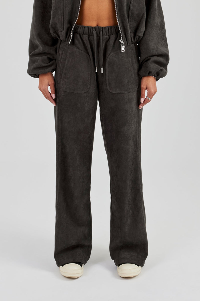 Suede Wide Leg Trouser - Charcoal