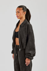 Suede Collared Bomber Jacket - Charcoal