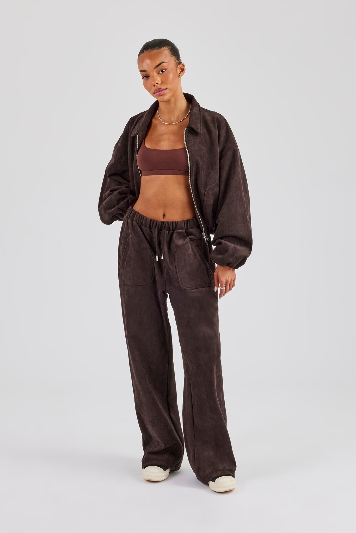 Suede Collared Bomber Jacket & Wide Leg Trouser - Chocolate