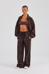Suede Collared Bomber Jacket - Chocolate