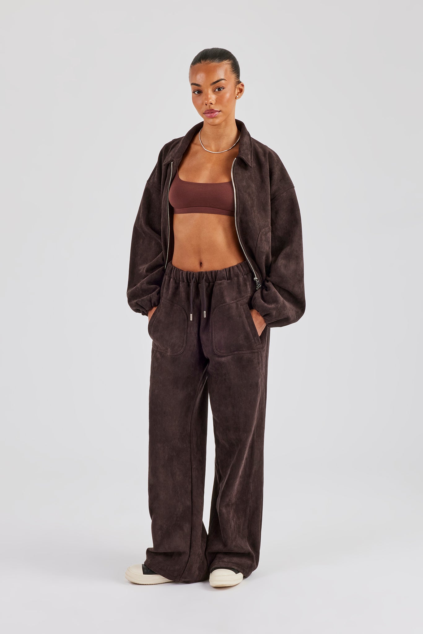 Suede Collared Bomber Jacket & Wide Leg Trouser - Chocolate