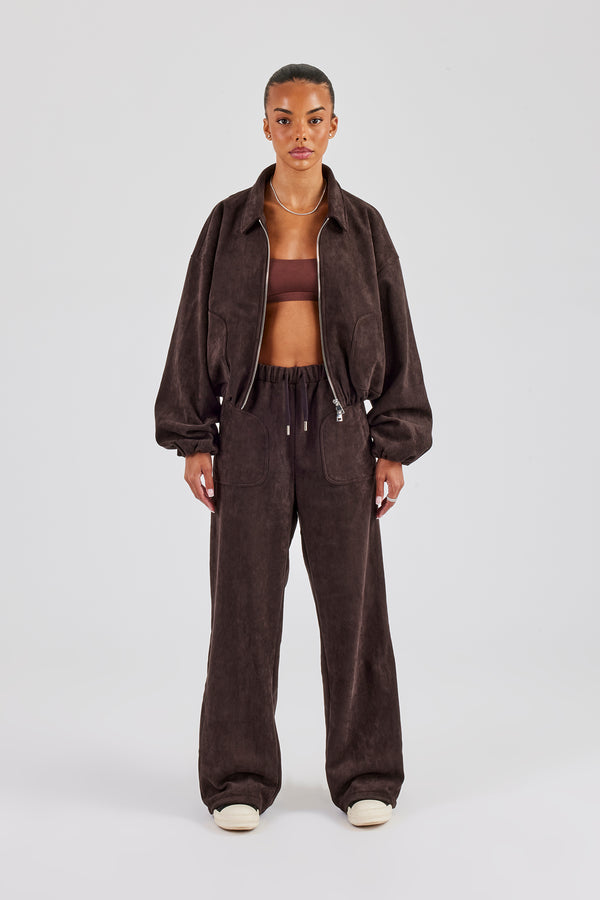 Suede Collared Bomber Jacket & Wide Leg Trouser - Chocolate
