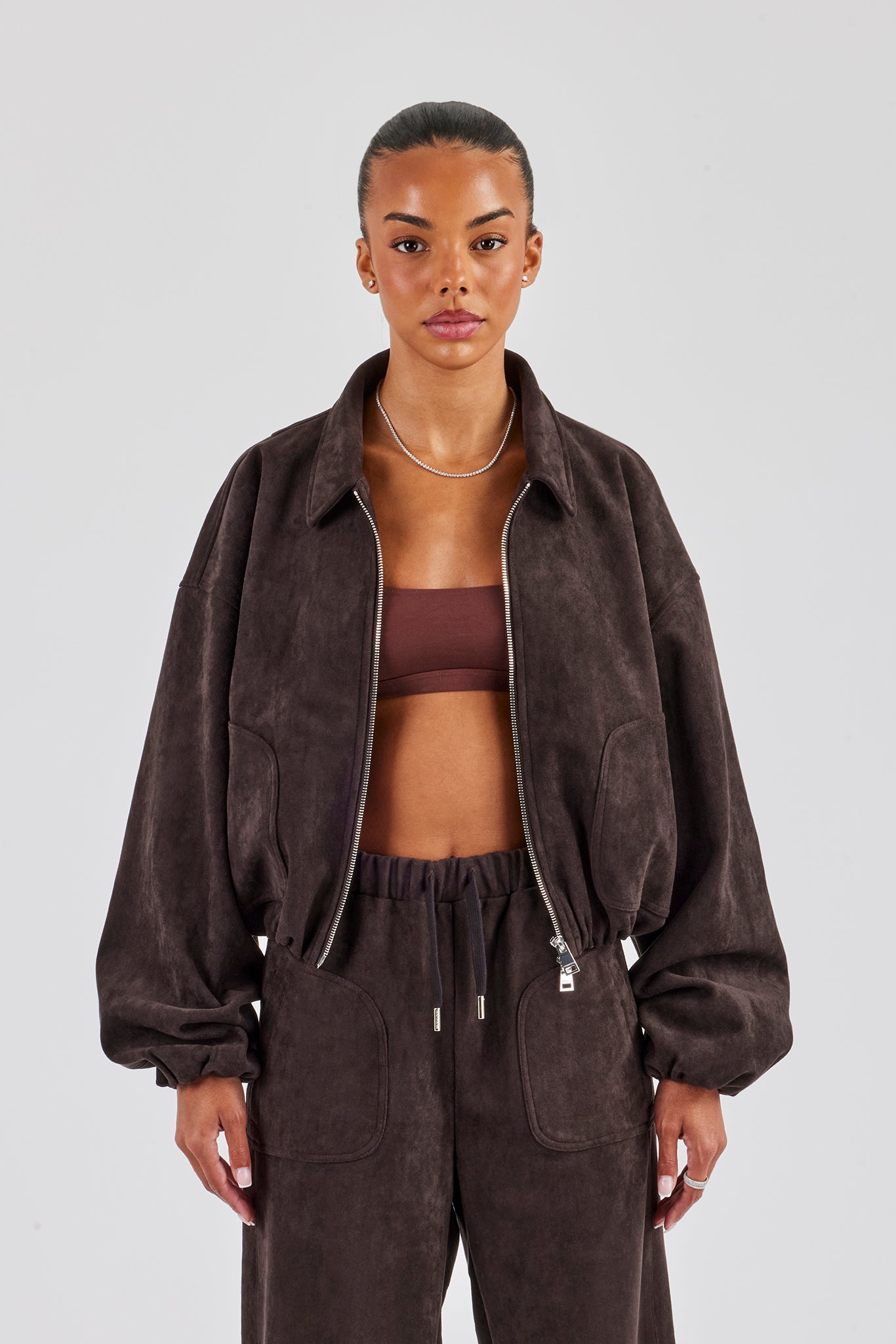Suede Collared Bomber Jacket - Chocolate