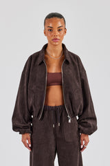 Suede Collared Bomber Jacket - Chocolate