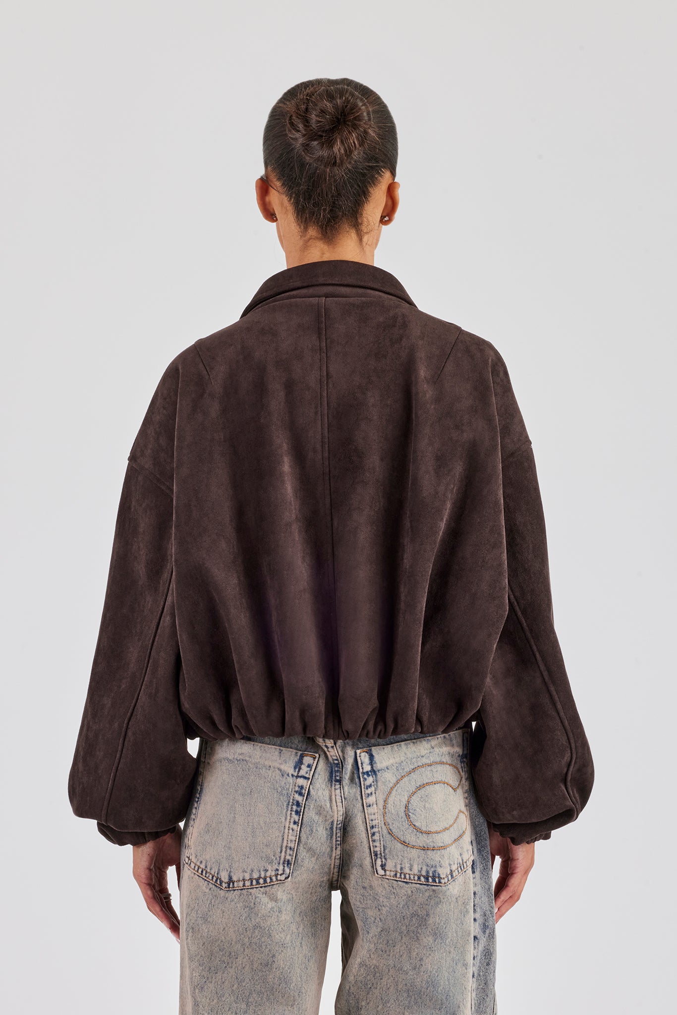 Suede Collared Bomber Jacket - Chocolate