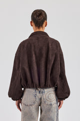 Suede Collared Bomber Jacket - Chocolate