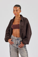 Suede Collared Bomber Jacket - Chocolate
