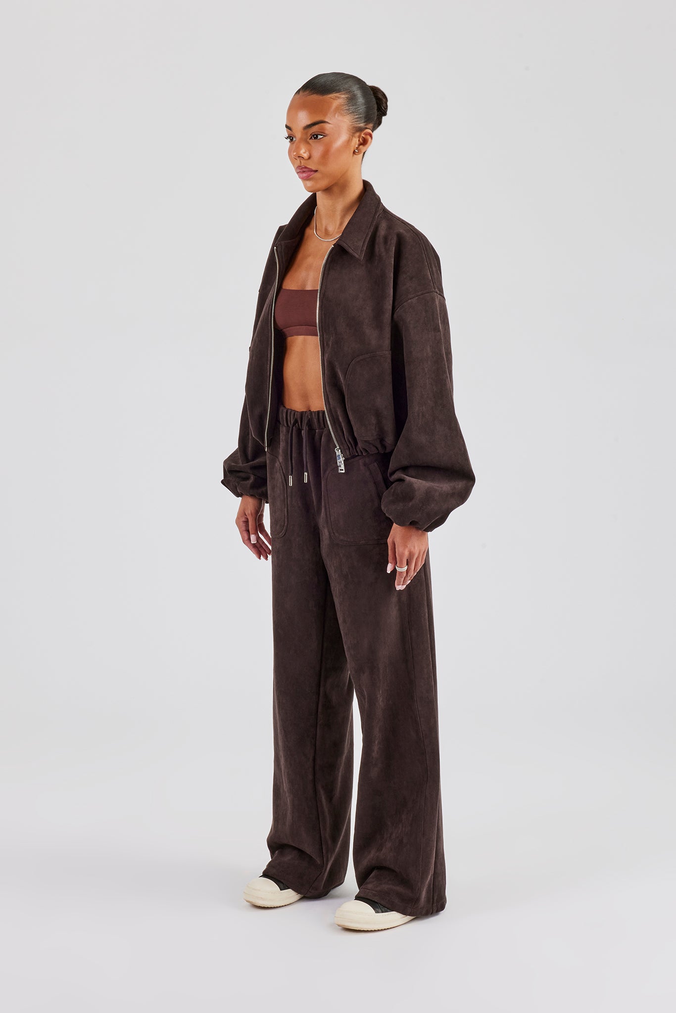 Suede Collared Bomber Jacket & Wide Leg Trouser - Chocolate