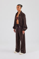 Suede Collared Bomber Jacket & Wide Leg Trouser - Chocolate