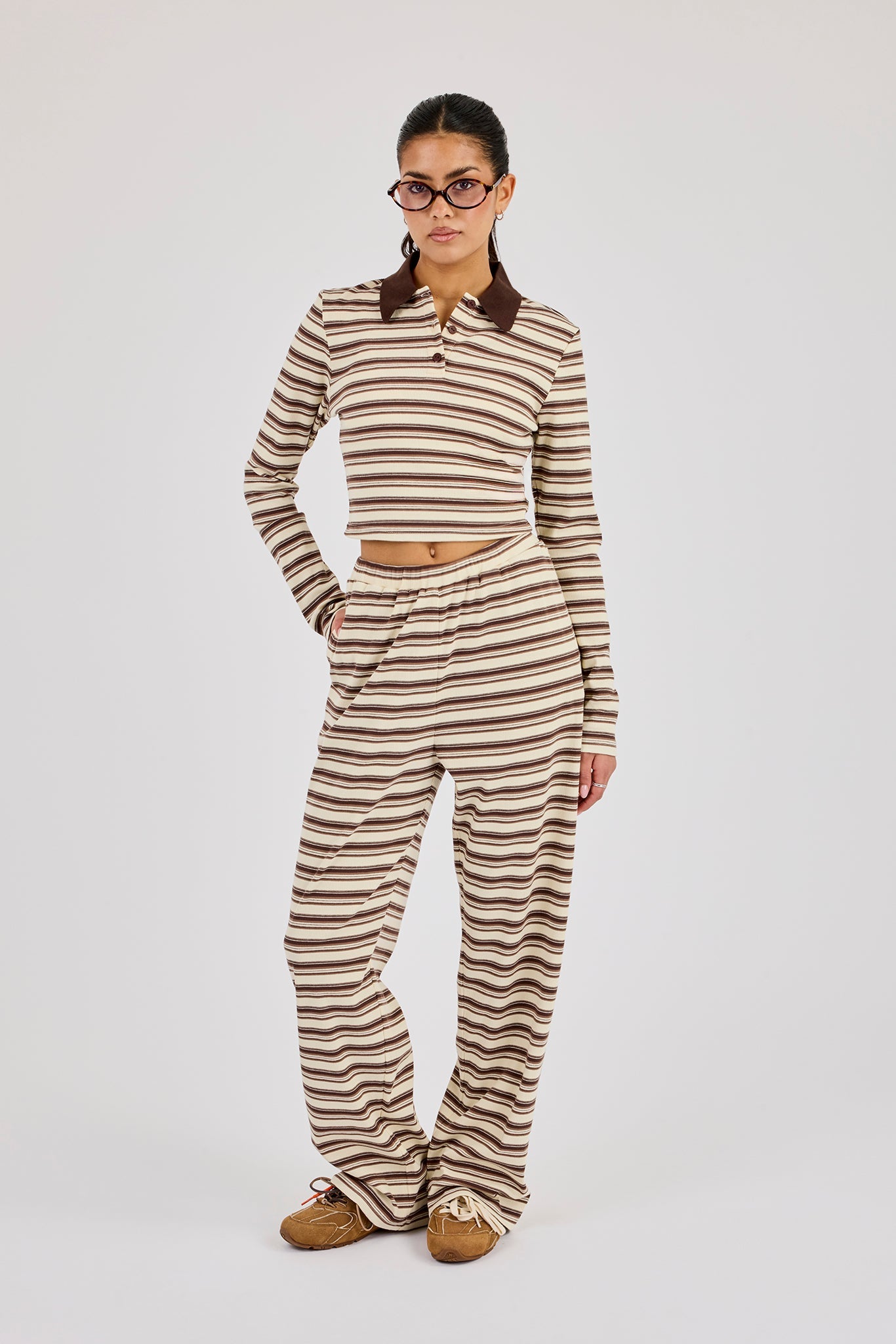 Stripe Fitted Polo Top & Wide Leg Trouser- Off White