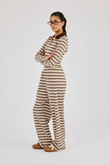 Stripe Fitted Polo Top & Wide Leg Trouser- Off White