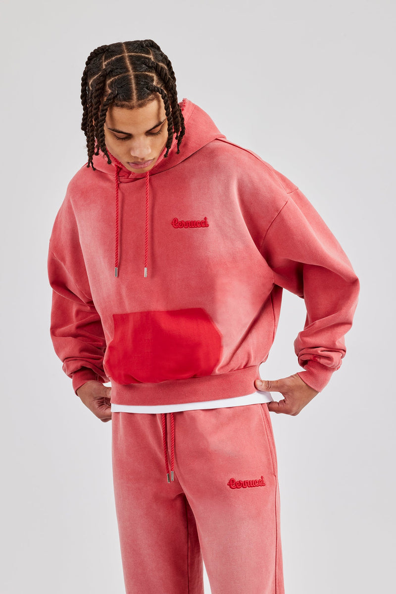 Washed Pocket Boxy Hoodie - Red