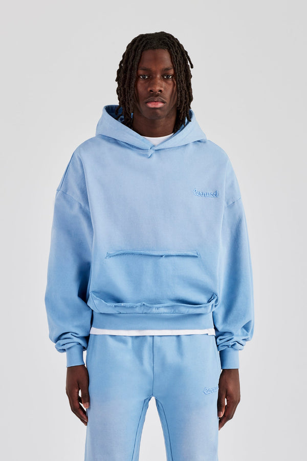 Washed Boxy Raw Edge Pocket Hooded Tracksuit - Blue 