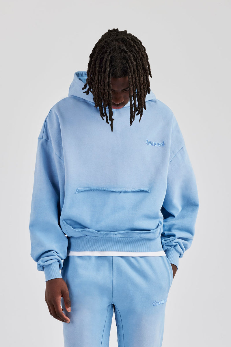 Washed Boxy Raw Edge Pocket Hoodie - Blue