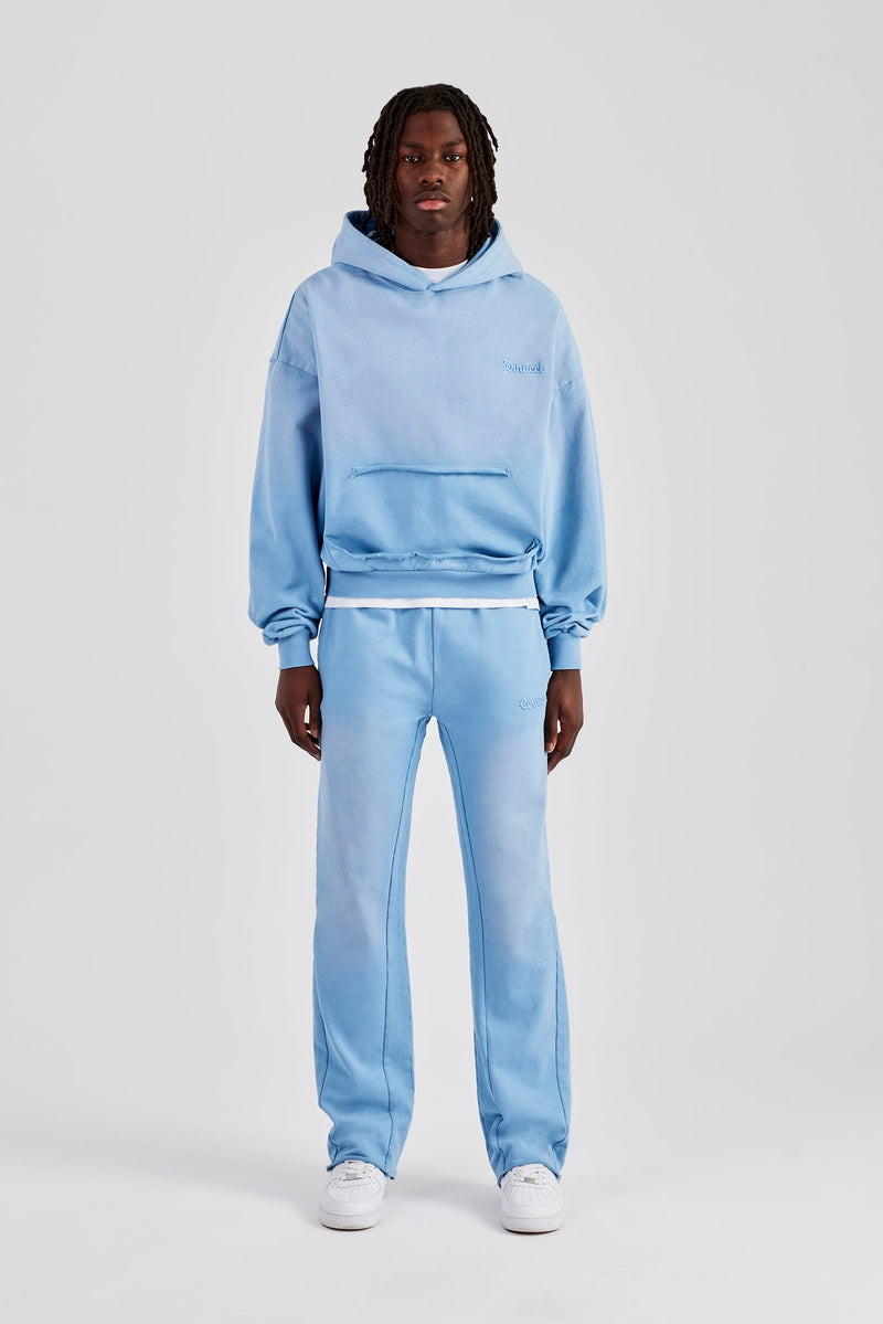 Washed Boxy Raw Edge Pocket Hooded Tracksuit - Blue 