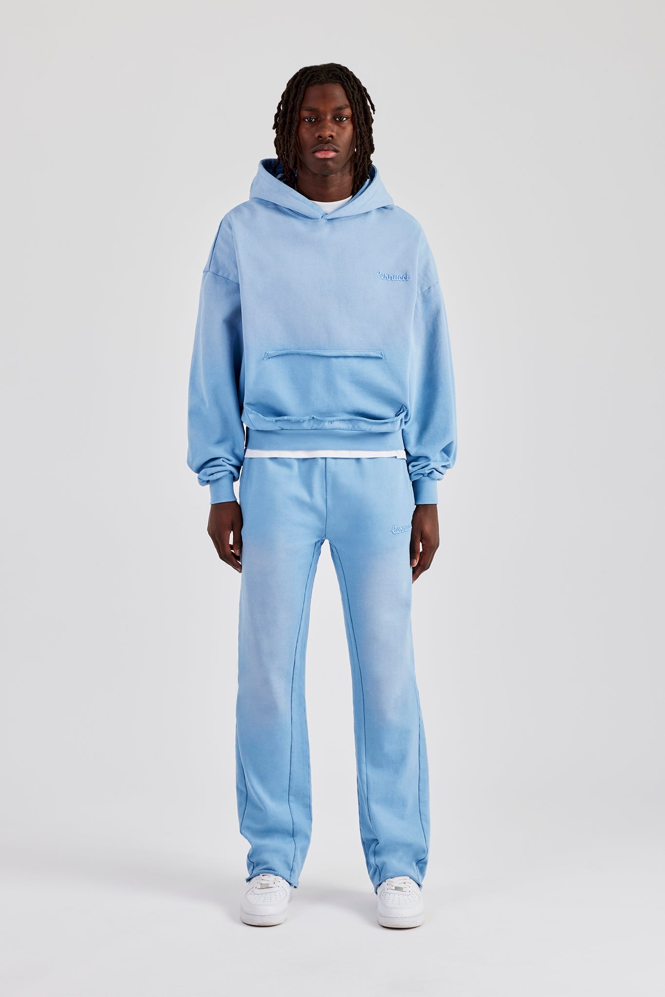 Washed Boxy Raw Edge Pocket Hoodie - Blue | Mens Hoodies & Sweats