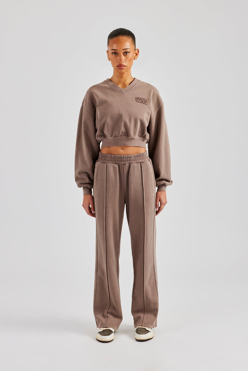 Washed Cropped V Neck Sweat & Wide Leg Jogger - Mauve