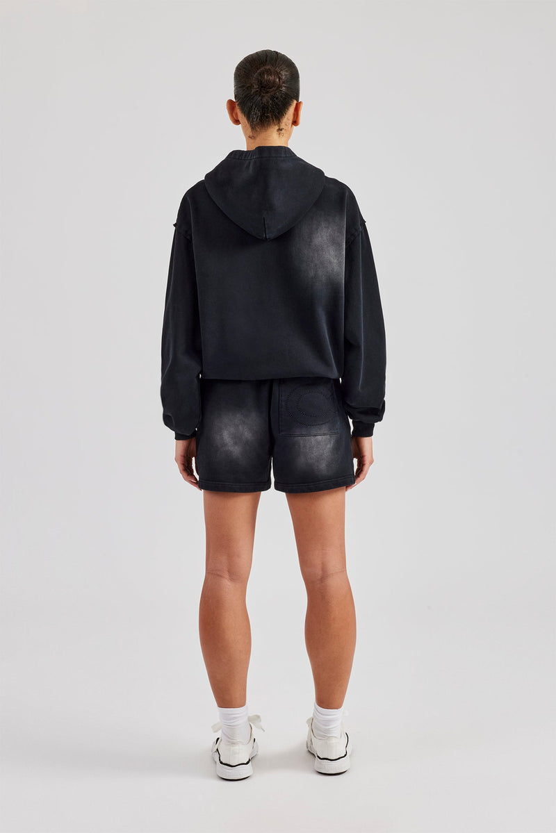 Washed Zip Through Panel Hoodie & Short - Black