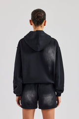 Washed Zip Through Panel Hoodie - Black