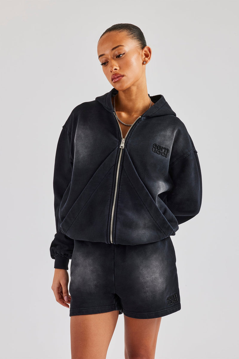 Washed Zip Through Panel Hoodie - Black