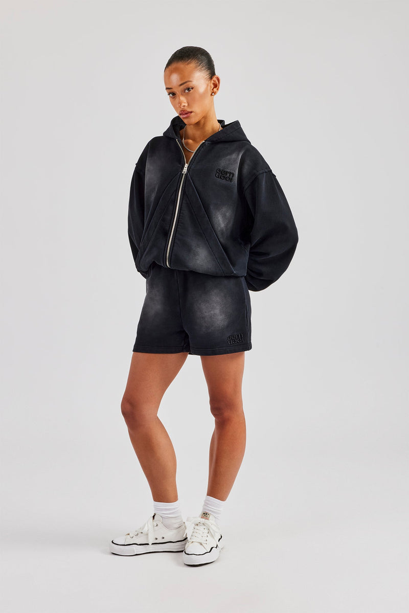 Washed Zip Through Panel Hoodie & Short - Black